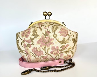 Limited Edition Pink Leder Kiss Lock Tasche, Pink Reversible Tweed Geldbörse, handgefertigte Vintage Style Crossbody, sofort lieferbar