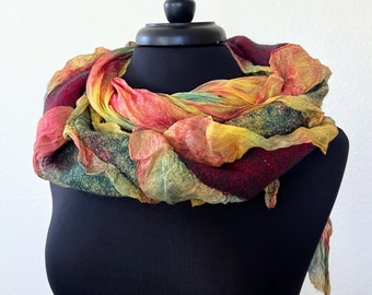 Silk scarf, Hand Dyed Silk, Multicolor Scarves, Nunofelting, Felted Wool Scarf Margilan Silk Gauze Boho Accessory Gift for her Ready to ship
