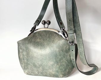 Leather Bag, Vintage Handbag, Handmade Top Closure Bag, Retro Clutch, Kiss Lock Evening Purse, Leather Crossbody, Ready to Ship