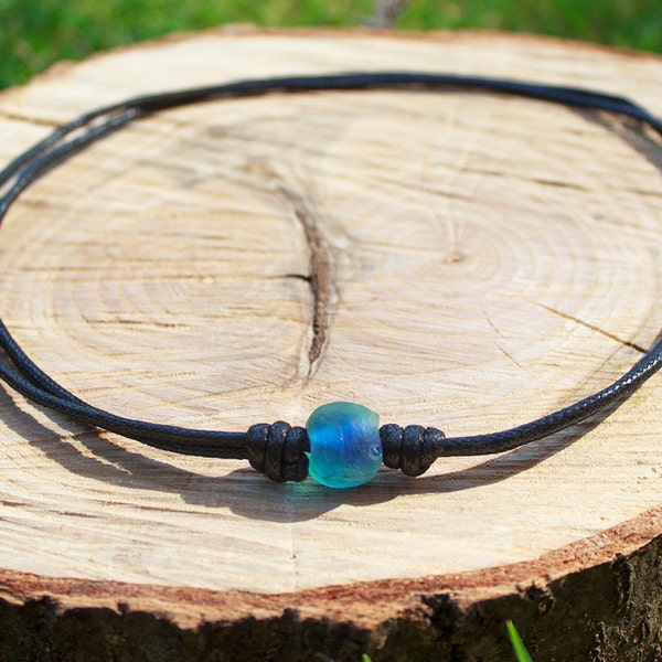 Ocean Blue Recycled Glass Bead / Men's Hemp Necklace / Eco Friendly / Festival / Surfer Jewellery / Fairtrade