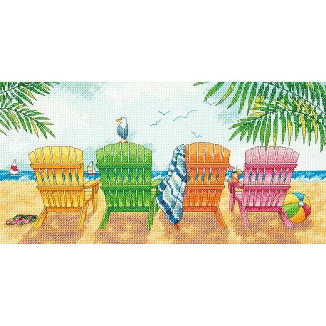 May include: Four colorful beach chairs with a seagull perched on the back of the green chair. The chairs are on a sandy beach with a blue ocean in the background. There is a palm tree on the right side of the image. The chairs are yellow, green, orange, and pink.
