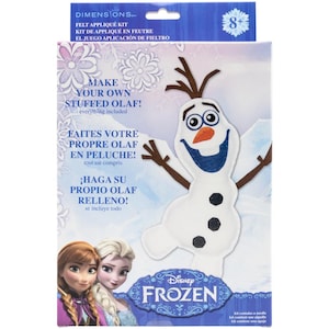 May include: A Disney Frozen felt appliqué kit to make your own stuffed Olaf. The box features a picture of Olaf, Anna, and Elsa. The box says "Make your own stuffed Olaf! Everything included."