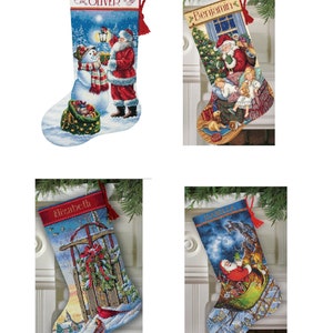 May include: Four Christmas stockings with personalised names, each featuring a different winter scene with Santa Claus. The stockings are red, green, and blue with white trim.