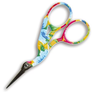 May include: Scissors with a long, curved handle, featuring a colourful floral pattern in shades of blue, yellow, green, pink and red.