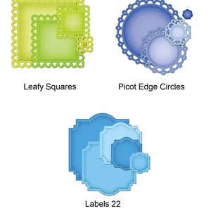 Puede incluir: Tres juegos de troqueles superpuestos para manualidades. El primer juego es verde y presenta cuadrados con hojas. El segundo juego es azul y presenta círculos con borde festoneado. El tercer juego es azul y presenta etiquetas con borde decorativo.