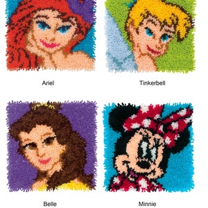 Dimensions Disney Latch Hook Kit- Princess Ariel, Tinkerbell, Belle, Minnie Mouse, 12&quot;x12&quot;
