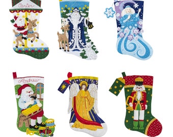 Bucilla 18" Felt Stocking Kit- Santa & Carousel, Winter Santa, Snow Princess, Woodworking Santa, Heavenly Messenger, Santa Nutcracker