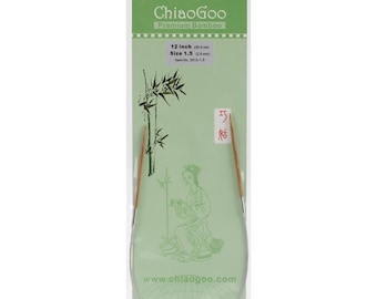 May include: A 12-inch (30.5 cm) ChiaoGoo Premium Bamboo circular knitting needle in size 1.5 (2.5 mm). The needle is made of bamboo and has a silver metal cable. The packaging is green and features a bamboo design and the text "ChiaoGoo Premium Bamboo".