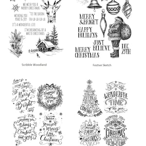 May include: A set of 10 black and white Christmas themed rubber stamps. The stamps feature various holiday greetings, including "Merry & Bright", "Happy Holidays", "Just Believe Merry Christmas", "May Your Days Be Merry and Bright", "Happiest Holidays to You", "Sending You Tidings of Comfort and Joy", "Have Yourself a Merry Little Christmas", "This Christmas Filled with Happiness", "It's the Most Wonderful Time of the Year", "Wishing You a Very Merry and Wonderful Christmas and New Year".