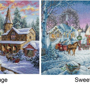 Könnte beinhalten: Zwei winterliche Weihnachtsdorfszenen. Die erste Szene zeigt eine Kirche mit einer schneebedeckten Brücke und einem Weihnachtsbaum. Die zweite Szene zeigt eine Pferdekutsche mit einem roten und weißen Gebäude im Hintergrund. Beide Szenen sind mit Schnee und Weihnachtslichtern gefüllt.