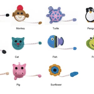 Paradise Exotic Crocheted Tape Measure 60&quot; - Sheep, Elephant, Penguin, Sunflower, Turtle, Cat, Fish, Fox, Frog, Pig, Monkey,