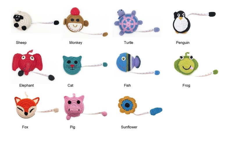 Paradise Exotic Crocheted Tape Measure 60" - Sheep, Elephant, Penguin, Sunflower, Turtle, Cat, Fish, Fox, Frog, Pig, Monkey, image 1