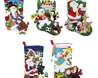 Bucilla 18" Felt Stocking Kit - Snowman & Puppies, Snowman Soccer Fan, Santa's Choir Practice, Santa's Black Bear Cabin, Baseball Snowman