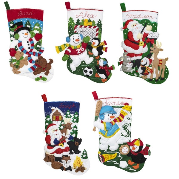 Bucilla 18" Felt Stocking Kit - Snowman & Puppies, Snowman Soccer Fan, Santa's Choir Practice, Santa's Black Bear Cabin, Baseball Snowman