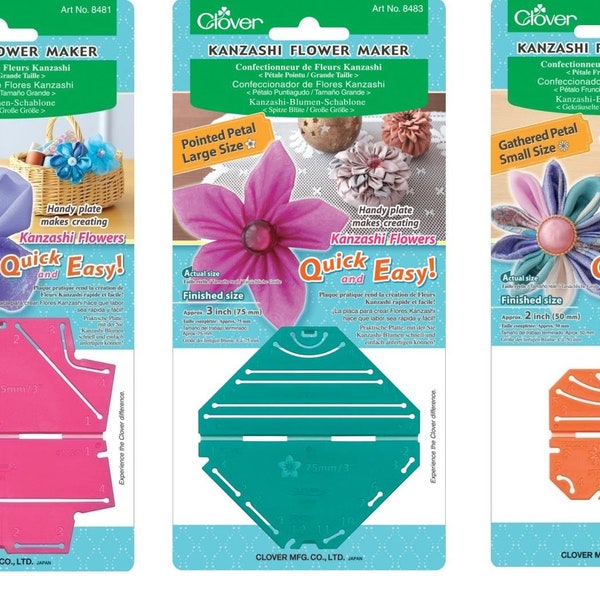 Clover Kanzashi Flower Maker- Round Petal Large (8481), Pointed Petal Large (8483), Gathered Petal Small (8484)