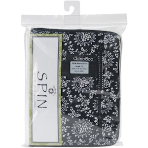 May include: A black and white patterned zippered pouch containing a set of ChiaoGoo SPIN bamboo interchangeable knitting needles. The pouch is labelled "SPIN Bamboo Set Large [L]" with sizes 9-15 (15.5-10mm) and item number 2500-L.
