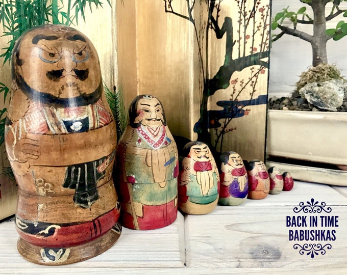 Japanese Nesting Doll, Rare Complete Set Group of Seven Male Wooden