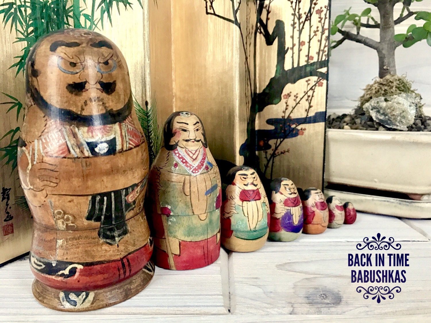 Japanese Nesting Doll Rare Complete Set Group of Seven Male