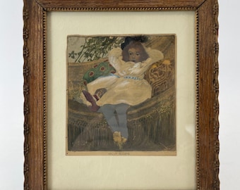 Vintage Framed “Dolly Sleeps” Print | Antique Children’s Illustration | Cottage Nursery Wall Art | Gold Ornate Frame