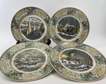 Set of 4 Adams England Winter Scenes Plates – Currier & Ives Style – Vintage Transferware – Christmas Holiday Decor