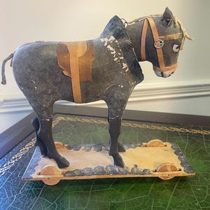 Antique Paper Mâché Donkey Pull Toy – German Folk Art Primitive Decor