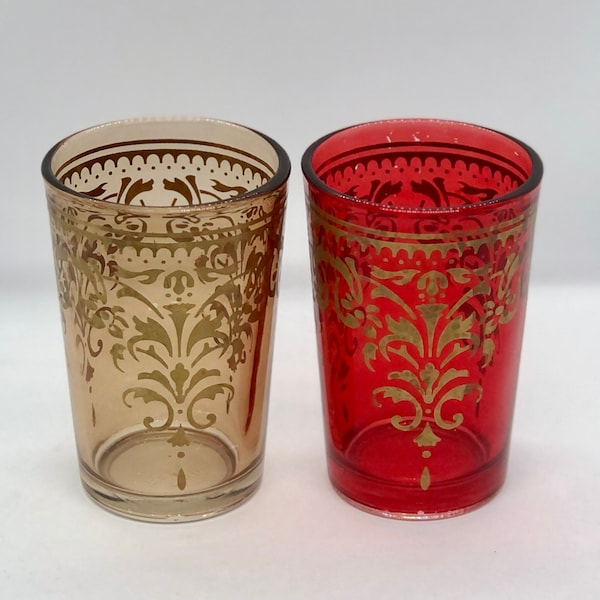 Red and Gold Small Tumblers Juice Glasses Mod France Filigree Design Set of Two Vintage