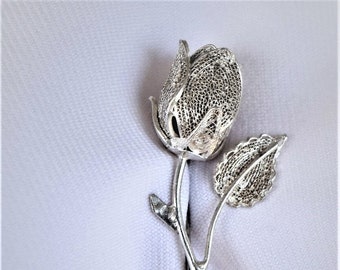 Gorgeous MCM FAS Italy Sterling Silver Filigree Rose Flower Pin Brooch Vintage Jewelry