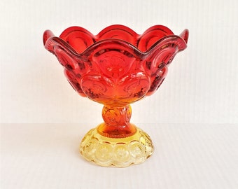 Orange Yellow Amberina Glass Compote Pedestal Candy Dish LE SMITH VINTAGE Mid Century Modern