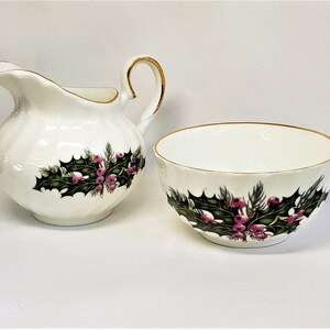 Vintage Allyn Nelson Fine Bone China Holly Berry Creamer & Sugar Set England Christmas