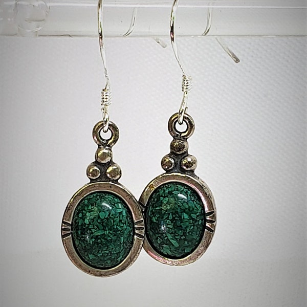 Vintage CAROLYN POLLACK Relios Sterling Silver Crushed Green Malachite Pierced Earrings Southwest Style