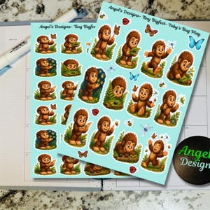 May include: A sticker sheet titled Angel's Designs- Tiny Bigfeet- Toby's Bug Play featuring multiple illustrations of a brown, furry creature interacting with butterflies, bees, ladybugs, and dragonflies on a light blue background.