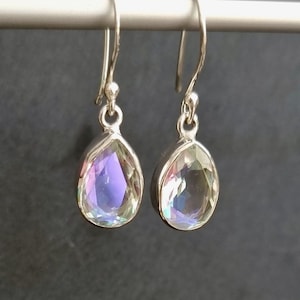 Mystic Mercury Mist Topaz Earrings, Dangly Teardrop 12mm x 8mm Facetted, 925 Sterling Silver, Rainbow Wedding Jewellery, Mistry Gems, FQZE7