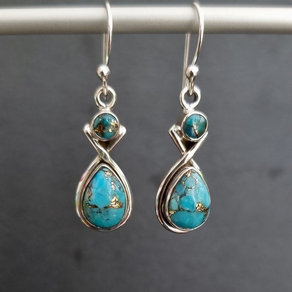 Designer Blue Copper Turquoise Drop Earrings, 925 Sterling Silver, Two Stone Earrings, December Birthstone, Blue Gemstone, Mistry Gems,E1BCT