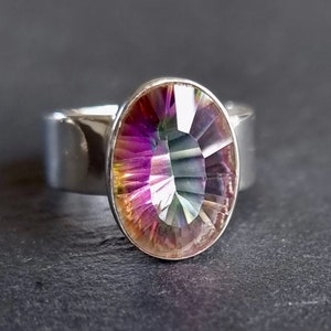 Wide Band Oval Mystic Topaz Ring, Sterling Silver, Stone Size 1.4cm x 1.0cm, Size US 7 3/4 UK P, Solitaire Engagement Ring, Mistry Gems, R87
