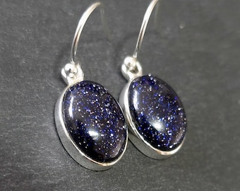 Large Oval Sparkly Blue Goldstone Earrings, 925 Sterling Silver Earrings, Stone Size 14mm x 10mm, Glittery Navy Gemstone, Mistry Gems, E2BS