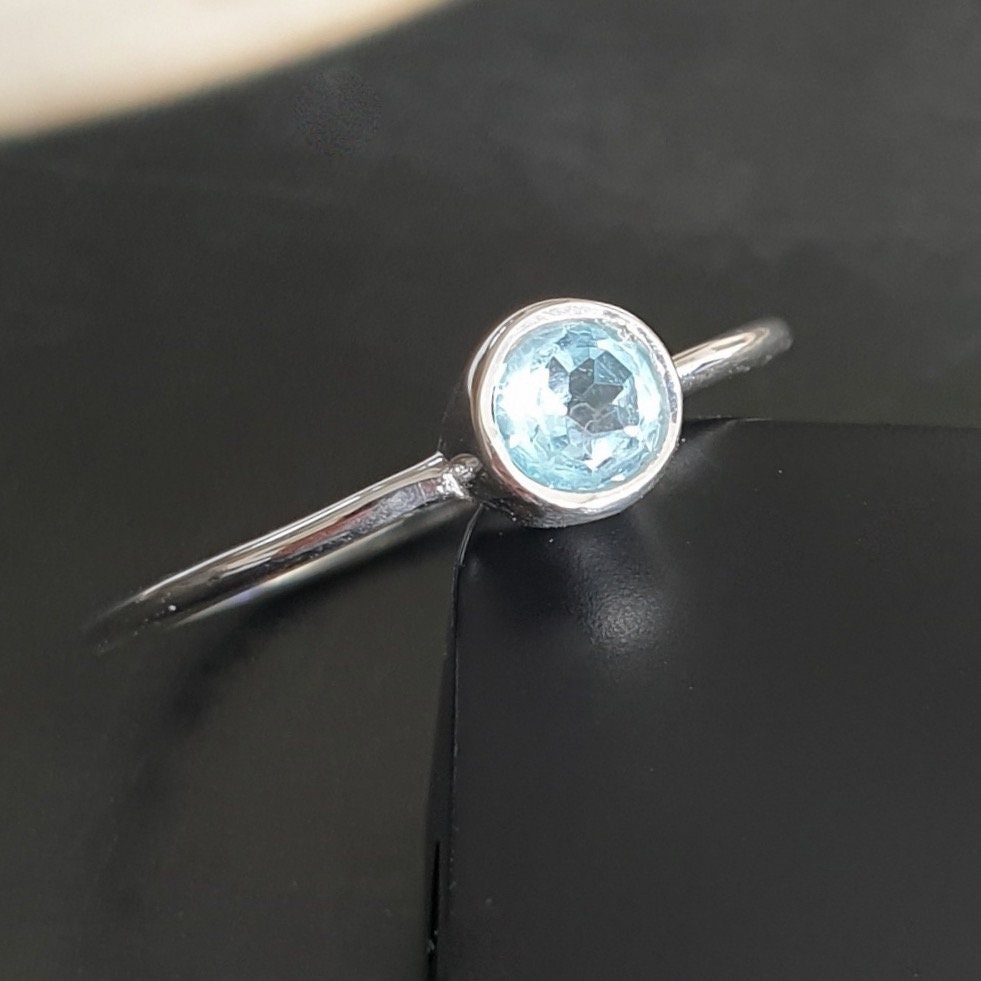 Dainty Blue Topaz Ring, Facetted Round Stacking Ring, 925 Silver ...