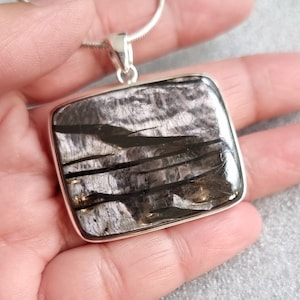 Pode incluir: Um colar com pingente quadrado com corrente de prata. O pingente apresenta uma pedra retangular polida com uma mistura de tons pretos, cinzas e prateados. A pedra é definida em uma moldura de prata.