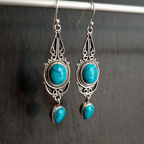 Boucles D'oreilles Anciennes En Argent Et Turquoise - Style Ethnique Mexicain Ou Similaire