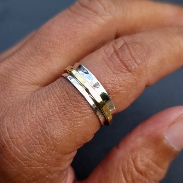 Unisex Slim Brass Silver Spinner Ring, 925 Sterling Silver Spinning Ring, Meditation Ring, Wedding Band, Thumb Ring, Mistry Gems, SP39
