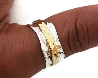 Unisex Brass Silver Spinner Ring, Wavy Gold 925 Sterling Silver Spinning Rings, Thumb Ring, Meditation Ring, Fidget Ring, Mistry Gems, SP42