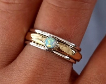 White Opal Brass Silver Spinner Ring, October Birthstone, Stone Spinning Ring, Thumb Rings Women, Meditation Ring, Mistry Gems,SP46WOP