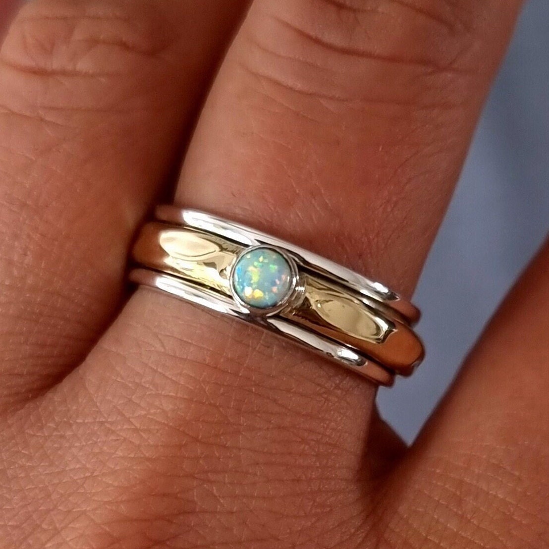 White Opal Brass Silver Spinner Ring, October Birthstone, 925 Sterling Silver with Brass, Thumb Rings, Meditation Ring, Mistry Gems,SP46WOP