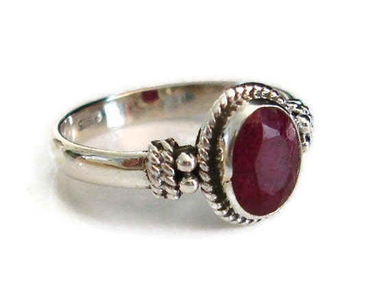 Sterling Silver 40th Birthday Stone Dainty Boho Oval Ruby Ring