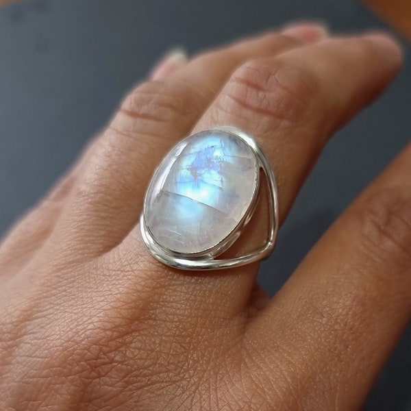 Anillo de plata de ley de piedra lunar arco iris IMPERFECTO, EE.UU. 6 1/4 Reino Unido M, piedra ovalada grande 20 mm x 15 mm, piedra de nacimiento de junio, gemas Mistry, R80MLF