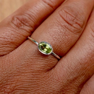 Dainty Horizontal Oval Peridot Stacking Ring, 925 Sterling Silver, Green Solitaire Engagement Ring, August Birthstone, Mistry Gems, R151Po