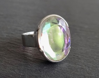 Designer Mystic Mercury Mist Topaz Ring, 925 Sterling Silver, Oval Cut Stone 21mm x 15mm, Rainbow Gemstone Solitaire Ring, Mistry Gems, R139
