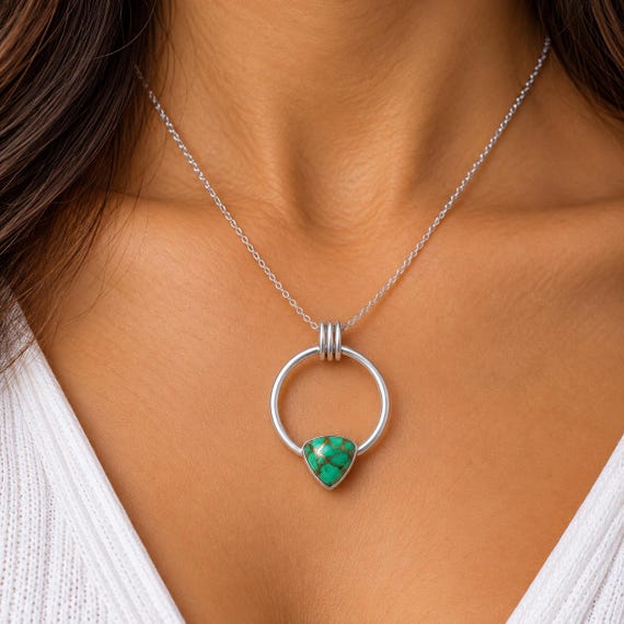 Geometric Green Copper Turquoise Pendant, 925 Sterling Silver Circle Necklace, December Birthstone Gift P2GCT