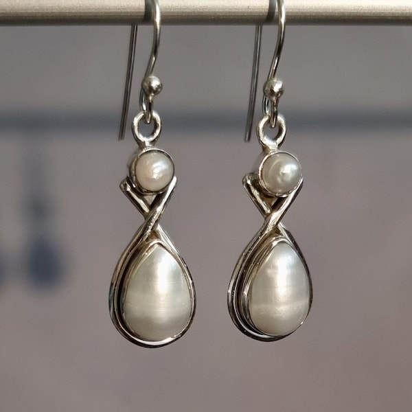 Mother of Pearl Earrings, Two Stone Teardrop Earrings, 925 Silver Earrings, June Birthstone, Pearl Jewelry Wedding Jewelry, Mistry Gems,E1PL