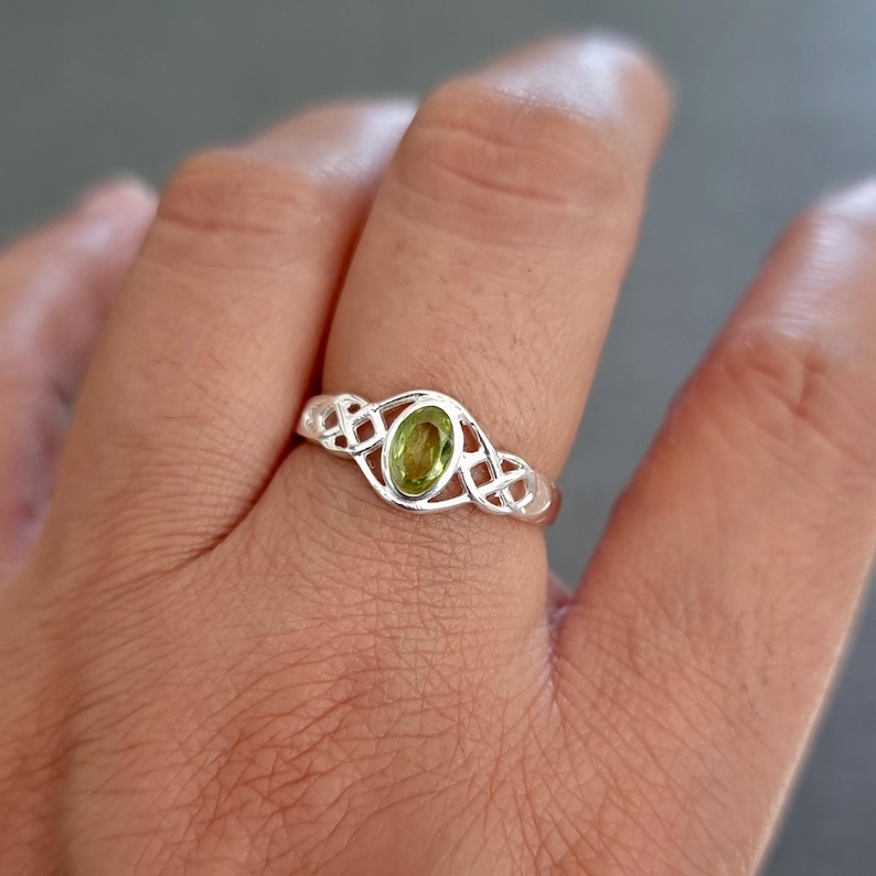Unisex Sterling Silver Celtic Knot Peridot Ring, August Birthstone Gift, Celtic Weave Pagan Ring, Boho Green Gemstone Ring, R33P image 5