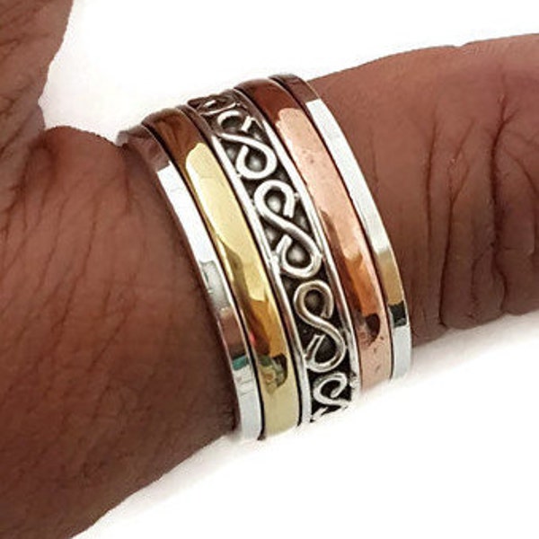 Infinity Multi Metal Spinner Ring, Brass Copper 925 Silver Spinning Ring, Wide Thumb Ring for Men Women, Mistry Gems, SP35